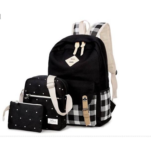 Tas Sekolah untuk Anak Perempuan Anak Laki-laki Sekolah Dasar Ransel Besar Nilon Kartun Cetak Kotak-Hitam