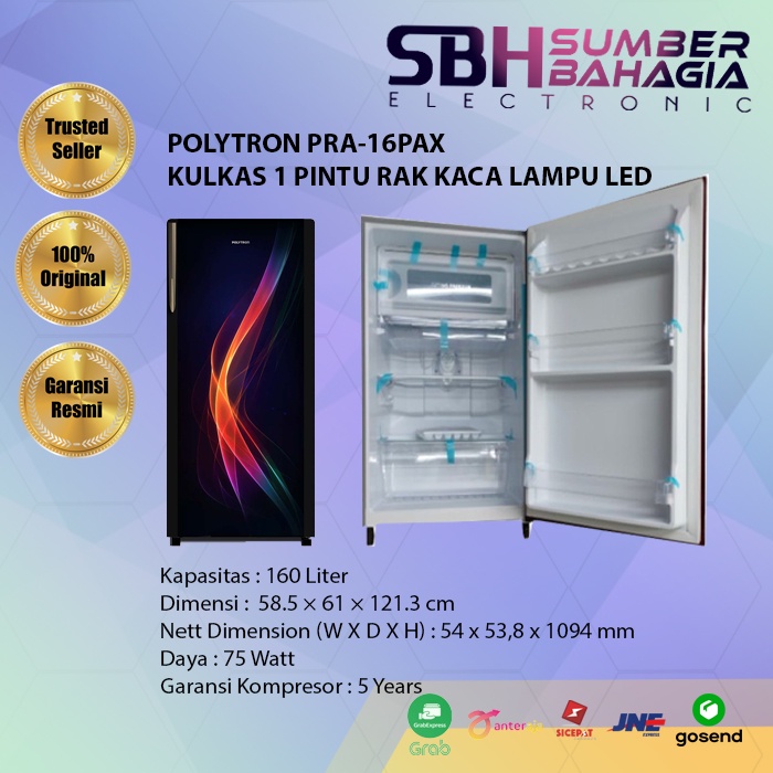 POLYTRON PRA-16PAX KULKAS 1 PINTU RAK KACA LAMPU LED (NEW) (KHUSUS BANDUNG)