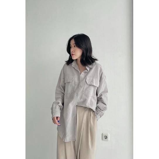 SIVALI Kemeja Oversize Linen Wanita Double Pocket | Linen Shirt - Atasan Lengan Panjang 3304