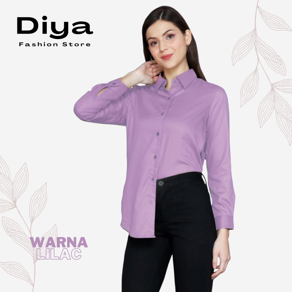 DiyaFashion Blouse Kemeja Wanita Korean Style Lengan Panjang Army Polos-LILAC