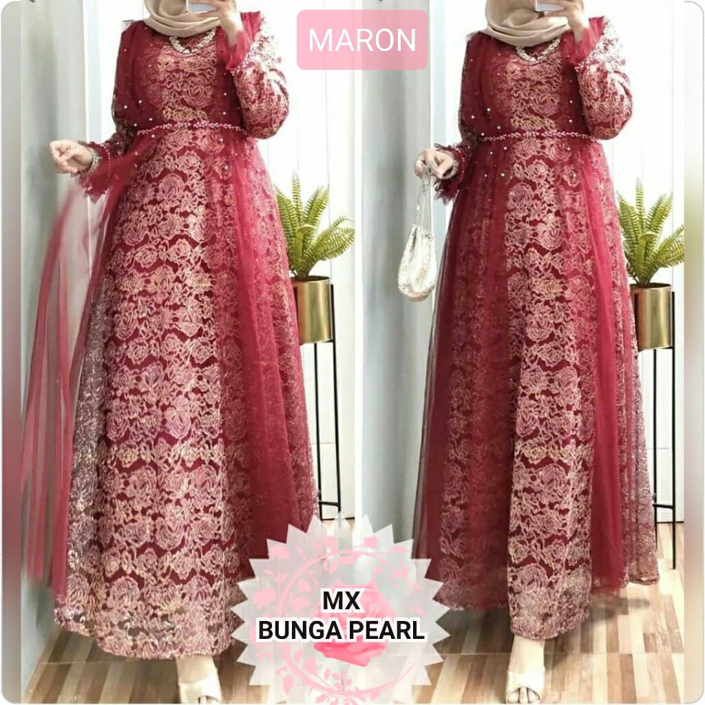 MX BUNGA PEARL GAMIS FASHION WANITA / BAJU PESTA /BRUKAT IMPORT ORIGINAL /MUTIARA TEMBAK