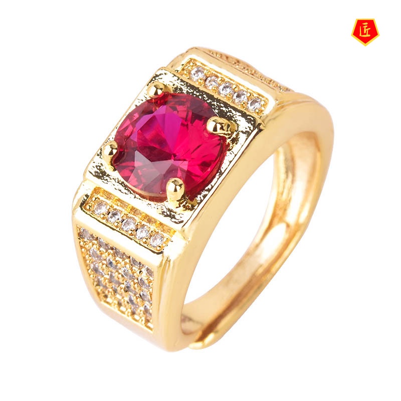 [Ready Stock]Domineering Men's Ring Inlaid Ruby 18K Gold