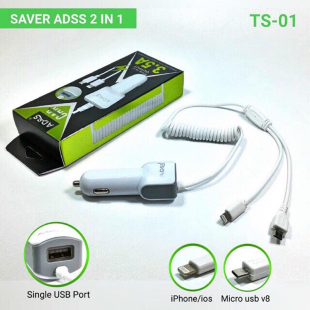 Saver ADSS TS-01 / Sm-05 2in1 spiral single Port USB charger mobil