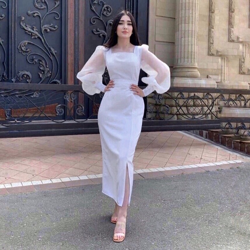 CIARA DRESS - Dress pesta wanita white long maxi slit bodycon puff sleeves baju big size jumbo ukura