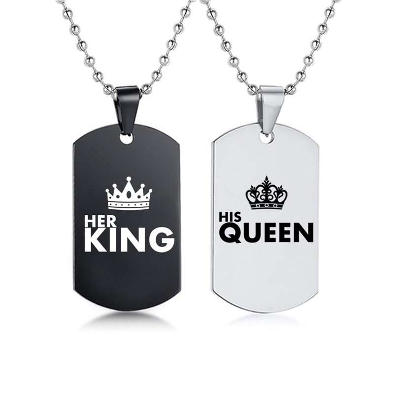 Fancyqube 2pcs / Set Kalung Tag Ukir Tulisan Her King His Queen Warna Hitam Untuk Hadiah Valentine