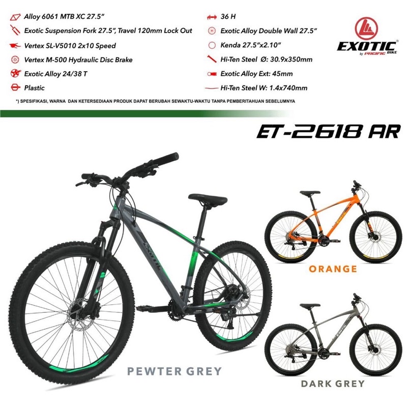 Sepeda Gunung/ MTB EXOTIC ET 2618 AR 27,5 Inch Frame Alloy 2x10 Speed Rem Hidrolik Garansi Resmi