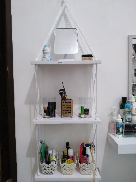 Rak Dinding Gantung Pot Tanaman 3 Susun Putih Tali Putih Minimalis