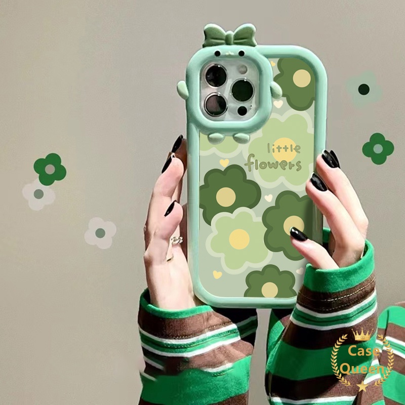 Casing Oppo A17 A95 A16K A16E A52 A92 A96 A7 A5S A12 A3S A12E A53 A74 A17K A76 Reno 5 5F 4F A55 A16s A15 A15s A16 A57 A5 A9 A54 A31 Bow-knot Little Monster Fresh Green Flower Case