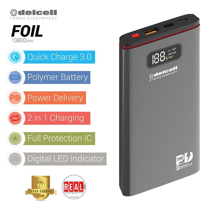 Powerbank Delcell Foil 10800mAh QuickCharge 3.0A Up To 19.5 Watt