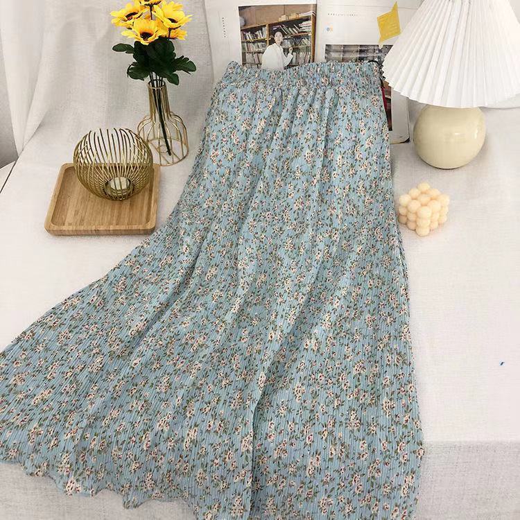 Rok plisket wanita mid-length setengah panjang motif bunga pinggang tinggi