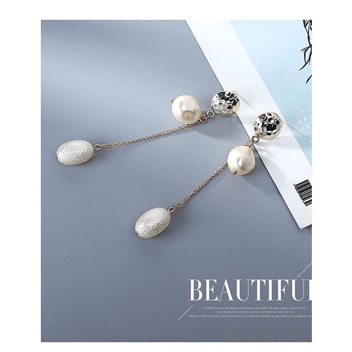 LRC Anting Tusuk Fashion White Pearl Irregular Concave Alloy Tassel Earrings Y63756