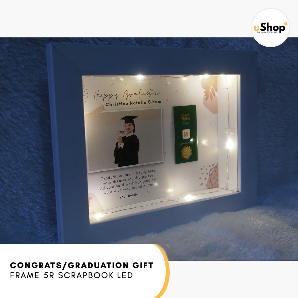 Graduation Congratulation Gift Kado Wisuda Frame 5R Scrapbook LED Logam Mulia Emas Mini