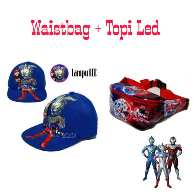 Tas waistbag anak laki-laki ultraman + topi led - tas selempang bahu  anak