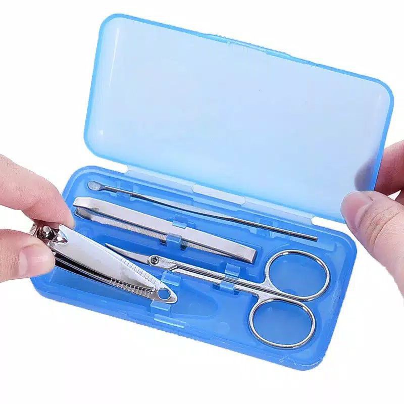 set manicure padicure pemotong kuku pinset gunting pengorek kuping storage blue set