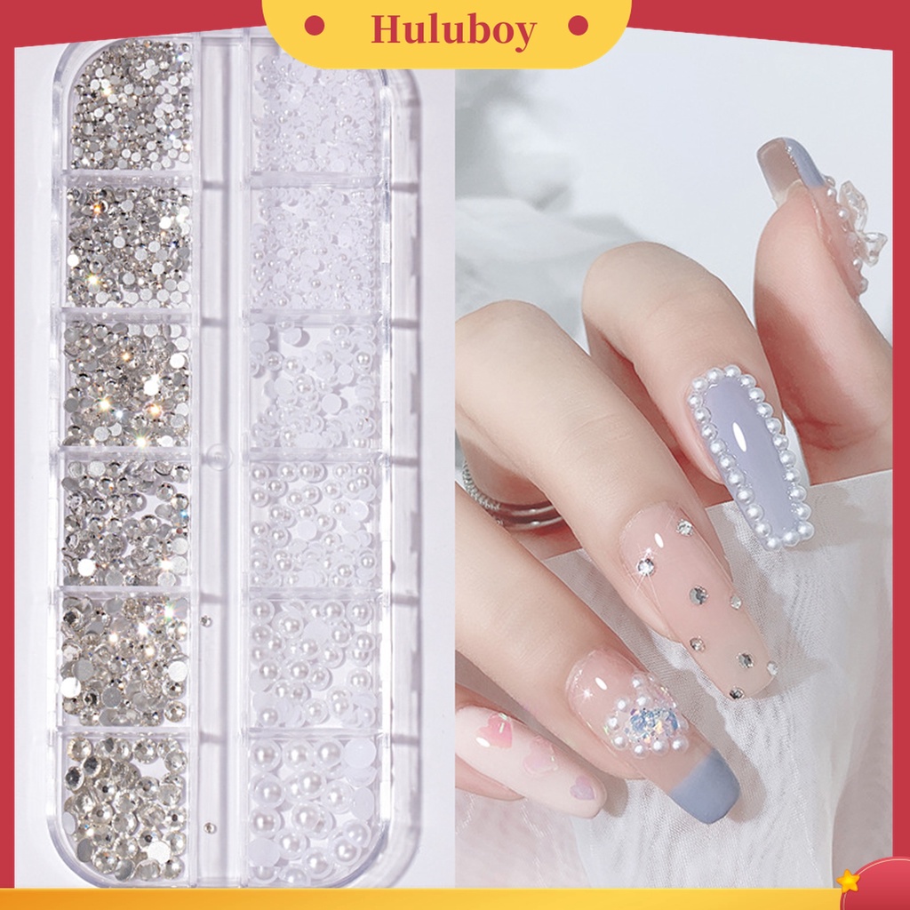 Huluboy Huluboy♡ 12 Grid / Kotak Berlian Imitasi Glitters 3D Bentuk Bulat Untuk Dekorasi Nail Art