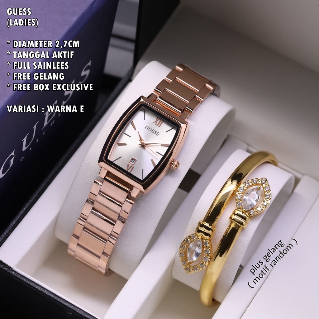 (BISA COD) JAM TANGAN WANITA GUESS RANTAI OVAL TANGGAL AKTIF FREE GELANG