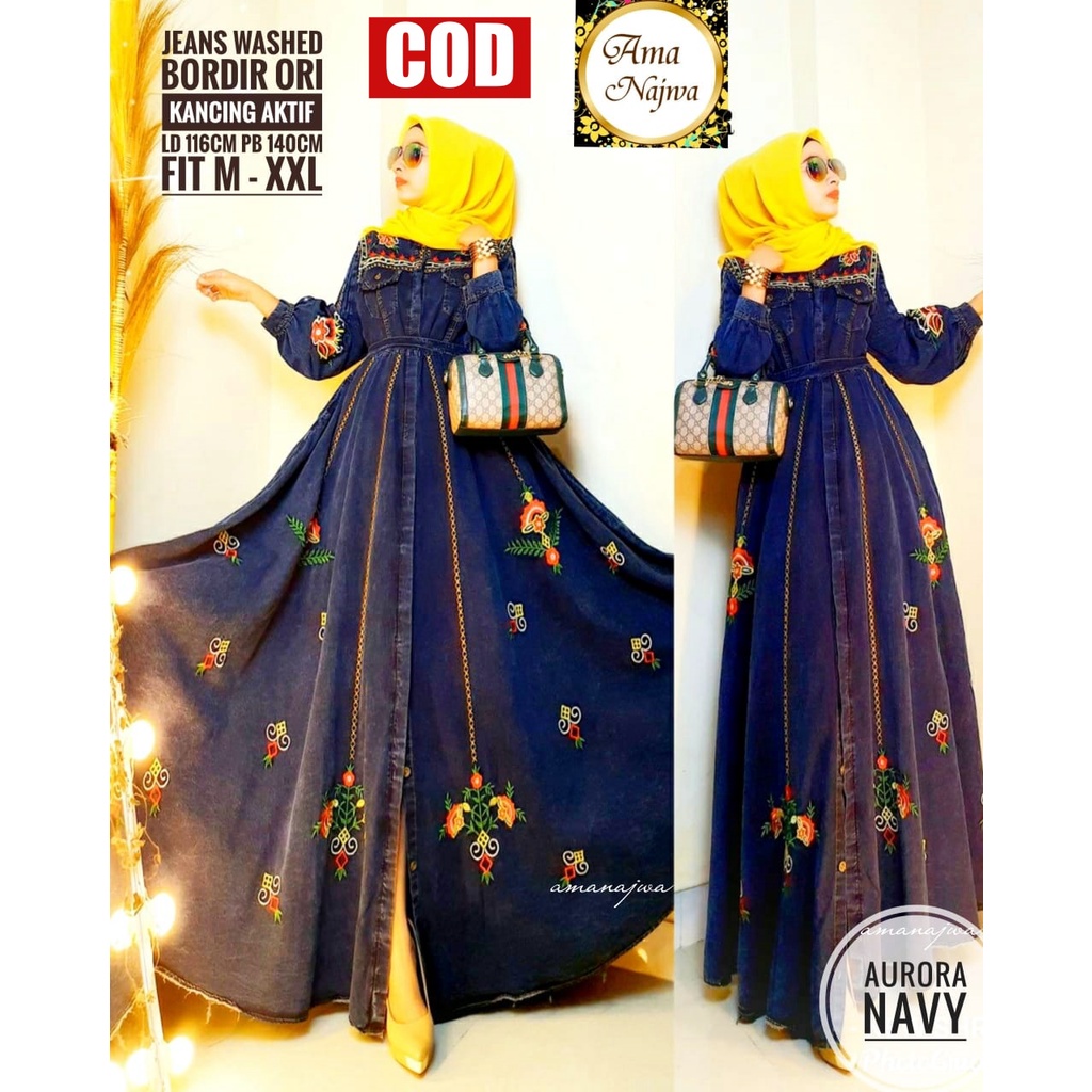 AURORA Gamis Jeans Jumbo Bordir  / Gamis Jeans Busui Murah / Gamis Jeans Wanita Terbaru