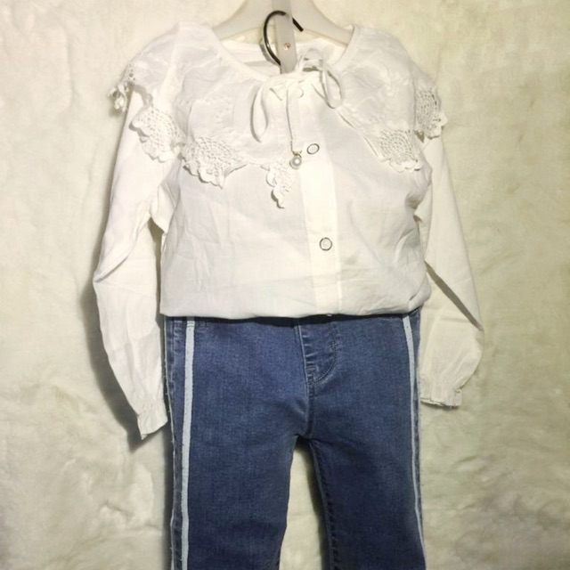 Baju Kemeja Katun Blus Anak Perempuan Cewe Import Putih - Celana Panjang Jeans Cutbray Import