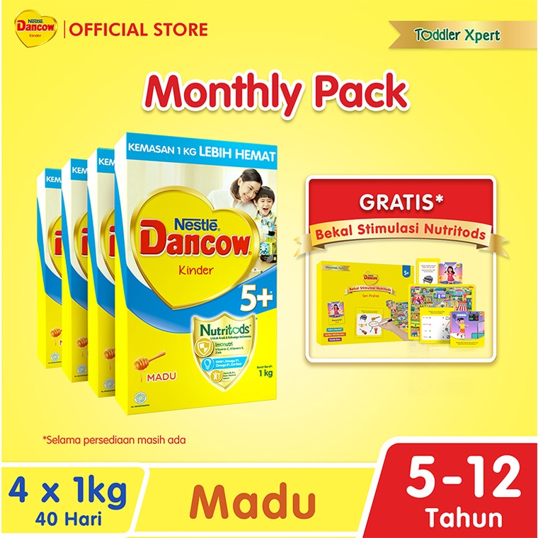 Nestle Dancow 5+ dengan Susu Pertumbuhan Rasa Madu 5-12 Tahun Box 1 kg x 4 Pcs + Free 3D Box Dancow 