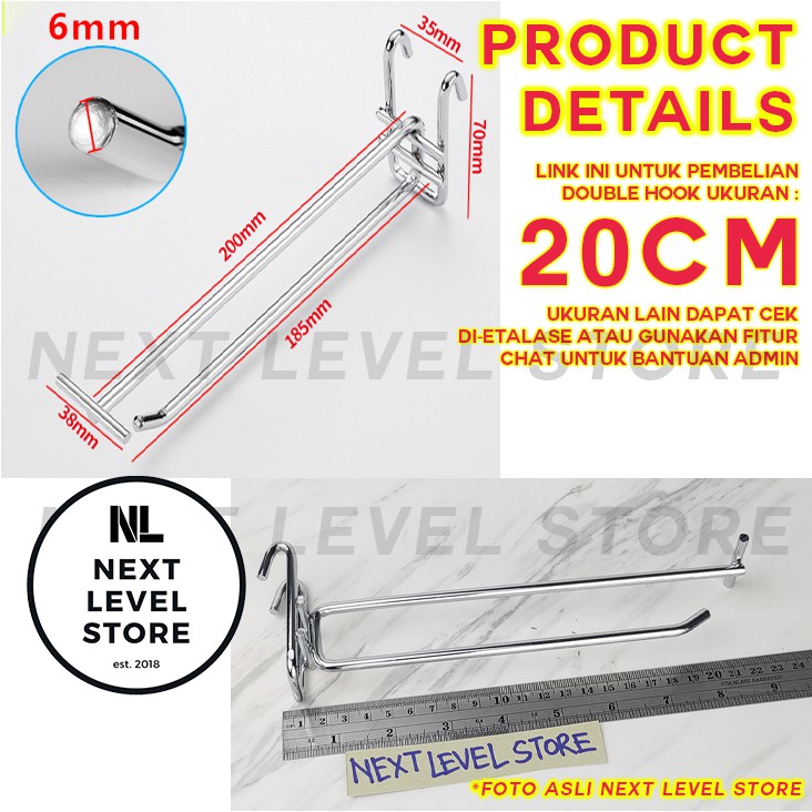 Double Hook Ram 10 15 20 25 30 CM TEBAL 6mm Display Cantolan Chrome Stainless Label Nama Price Card