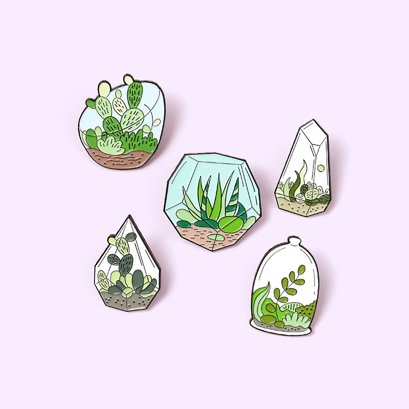 Bros Pin Enamel Desain Tanaman Pot Kaktus Aloe Hijau Untuk Hadiah Teman