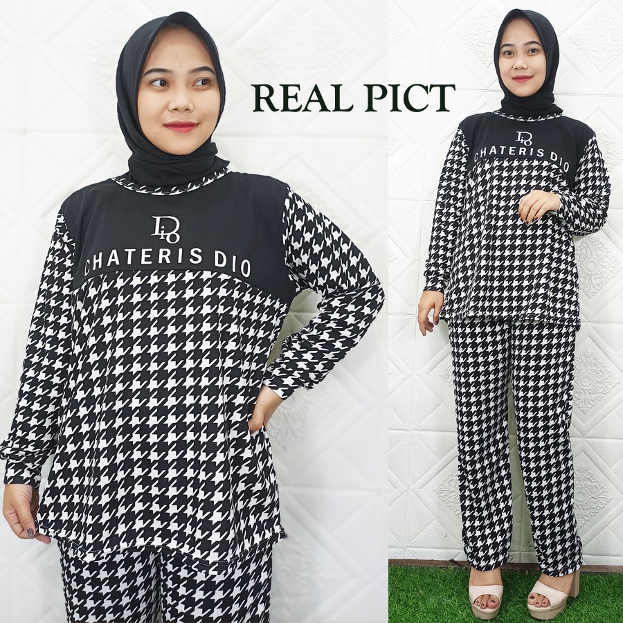 SETELAN HOUNDSTOOTH CELANA + BAJU C.DIO SET GL FASHION