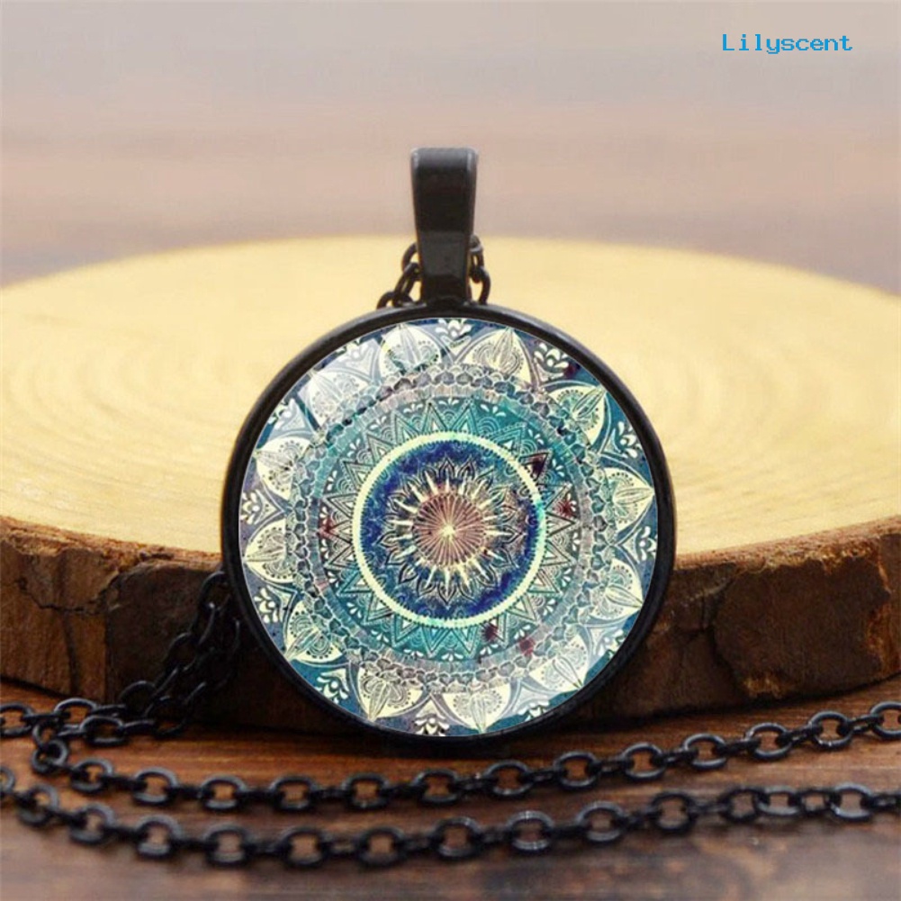 Kalung Rantai Panjang Dengan Liontin Kaca Cabochon Motif Mandala Gaya Vintage Untuk Wanita