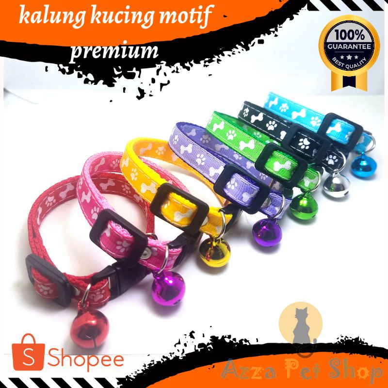 Kalung kucing premium motif tulang &amp; kaki / kalung kucing motif lonceng warna 14mm / kalung kucing