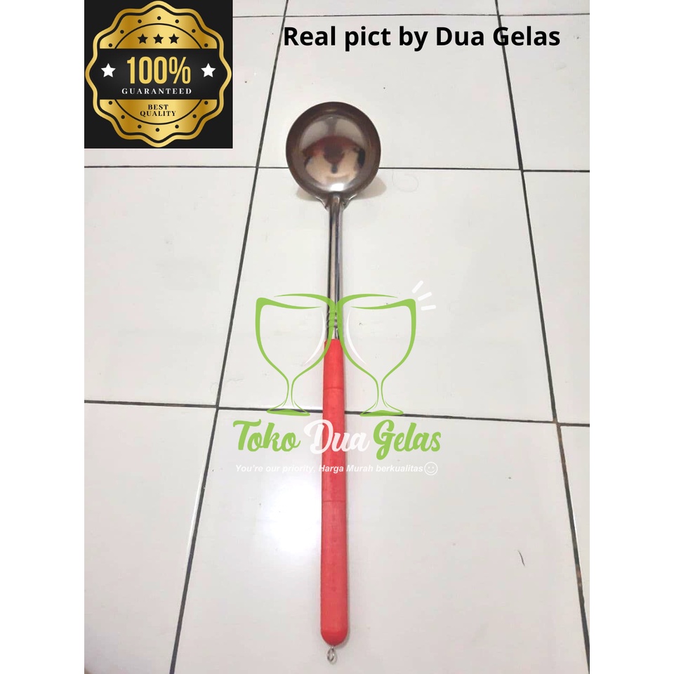 Irus Sendok Centong Kuah Bakso Baso Sayur Stainless Panjang 40 cm Diameter 10 cm Gagang Kayu