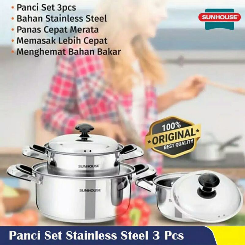 Sunhouse SH222 Set Panci Stainless Steel Panci Set Isi 3pcs Panci Kuping Stenlis