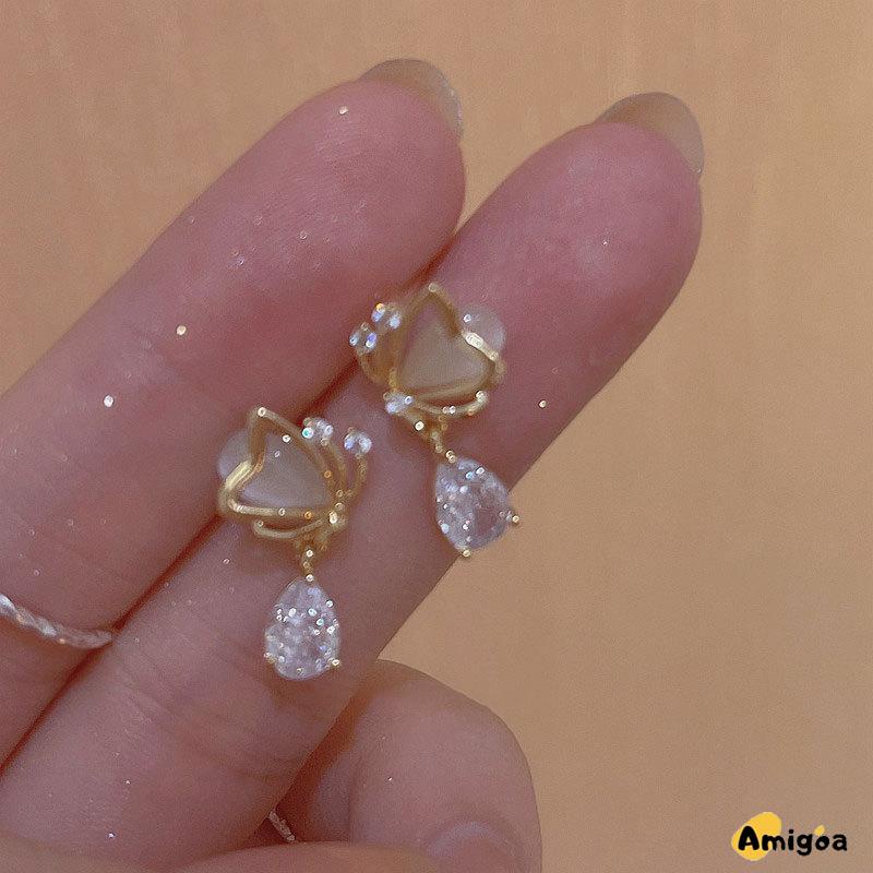 Opal Butterfly Love Water Drop Zircon Earrings Desain Niche Wanita Anting Temperamen Kelas Atas - AG2