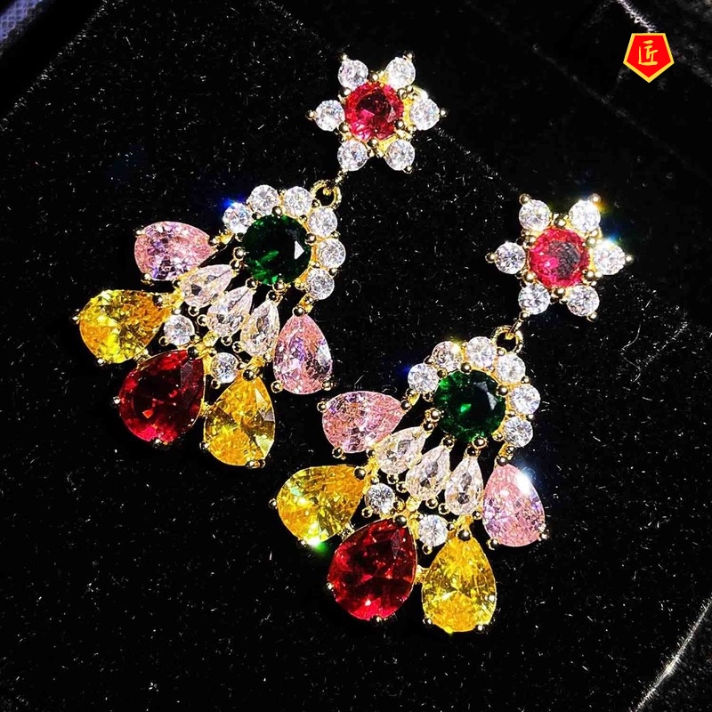 [Ready Stock]Light Luxury Long Fashion Retro Colored Gems Earrings