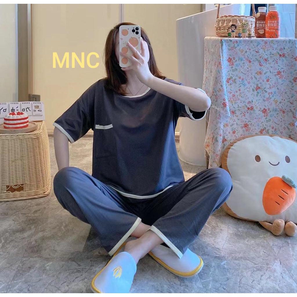 Piyama Baju Tidur Import Sleepwear Lengan Pendek Celana Panjang Motif Stelan Rumah Oversize Premium-CP List- Abu