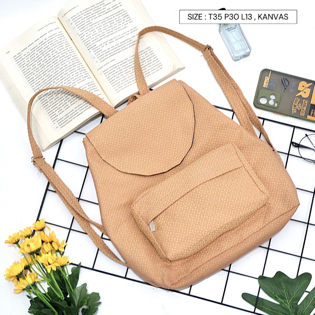 Bayar di Tempat COD Tas Ransel Serut Bahan Kanvas KANTONG Depan Ukuran Medium tas punggung wanita-Warna 606
