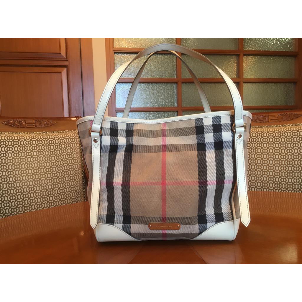 Tas Burberry White Leather House Check Canvas Tote Authentic Preloved