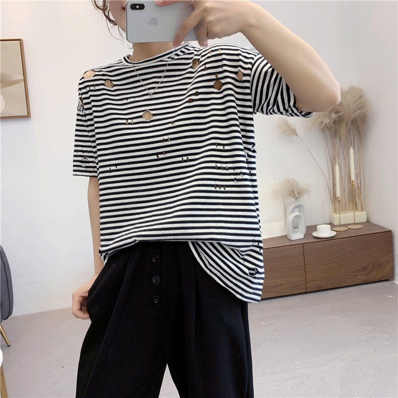 IBS-07 high quality import ripped strip blouse shirt wanita korea jepang