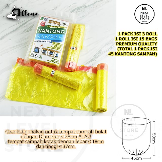 Premium Trash Bag 45x50 cm | 1 Pack (3roll) 45pcs | Kantong Sampah Pengikat Tali Roll Ikat - Kuning