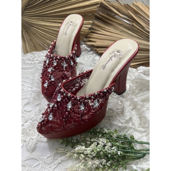 sepatu wanita wedding sintya merah marron 10cm platform tahu