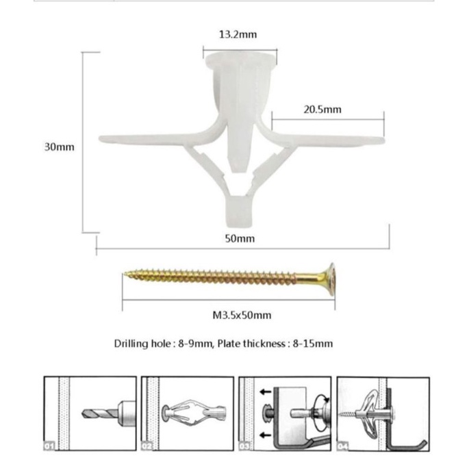 Nylon Toggle Gypsum Kupu-Kupu Putih / Pengencang Skrup gypsum Putih / Pengunci sekrup Gipsum / Alat Plastik Karet Kupu kupu Sekerup gisum