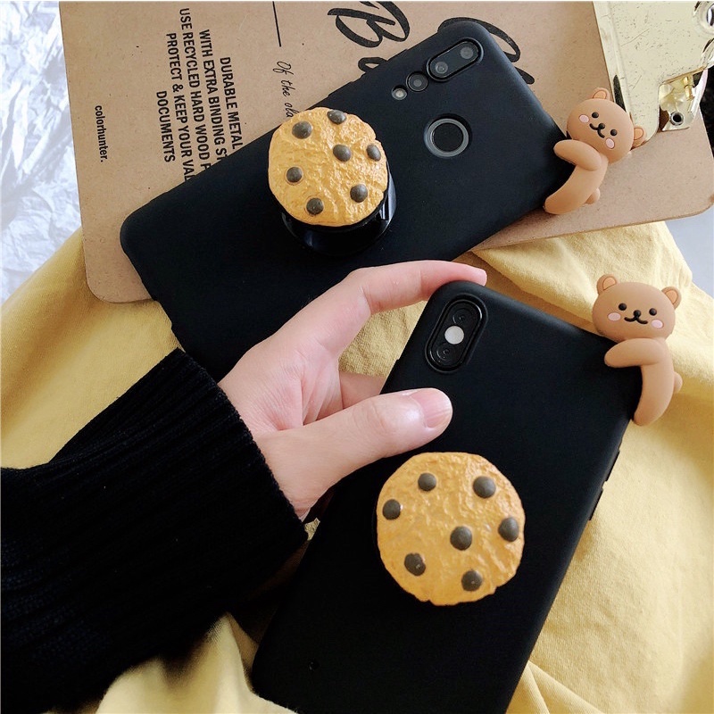 Cookie Bear Case with Popsocket IPHONE 12 11 Pro max Realme C11 C12 C15 3 5 6 7 Pro Vivo V17 V19 V20