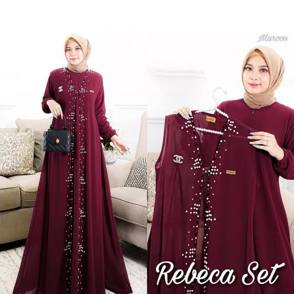 Rebeca Set  One Set Inner + Outer Terbaru  Baju Muslim Set Matt Ceruty Babydoll  Aplikasi Mutiara