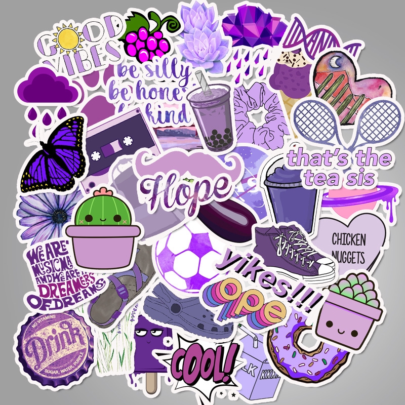 50pcs/set Stiker Decal Anti Air Seri Indiepop Warna Ungu Untuk Dekorasi Skateboard/Laptop