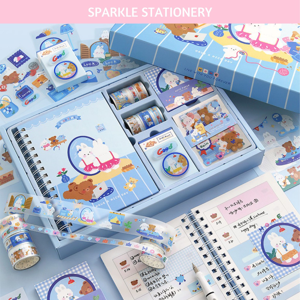 

Diary Set Blue 81 items Notebook Washi Tape Sticker Deco Paper Gift Box Agenda Bullet Journal