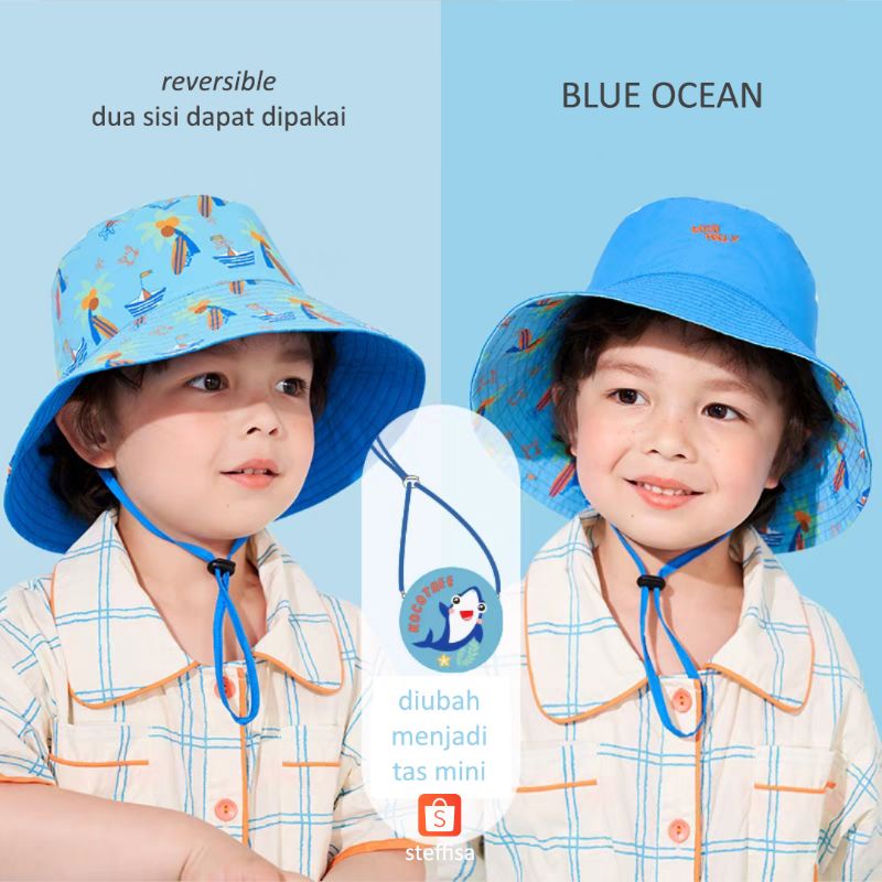 TOPI ANAK | reversible double sided wearable - anti UV - fisherman fun childhood FOLDABLE BAG HAT het import unisex kid cewek cowok balita lucu outdoor gunung pantai kebun cod