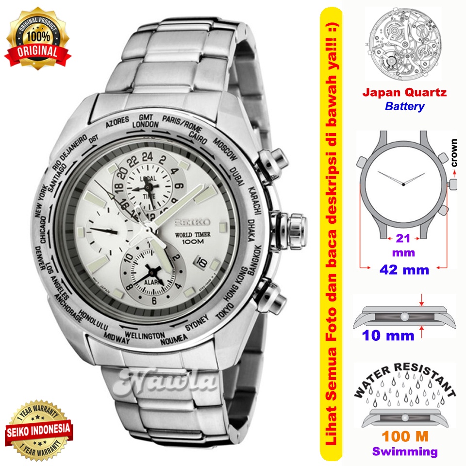 Seiko Quartz SPL029P1 World Timer Silver - Jam Tangan Pria SPL029