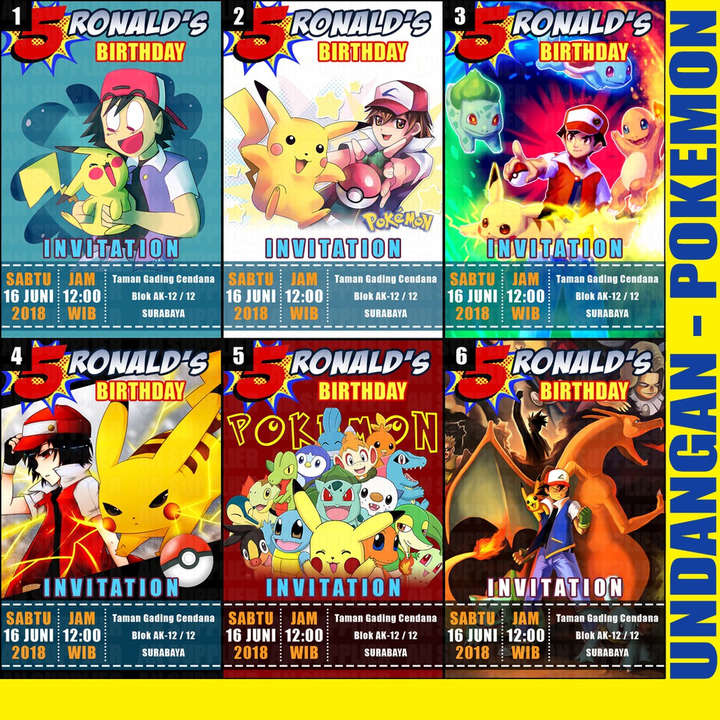 UNDANGAN BONUS THANKS CARD ULTAH TEMA POKEMON , POOH , PORORO / ULANG TAHUN