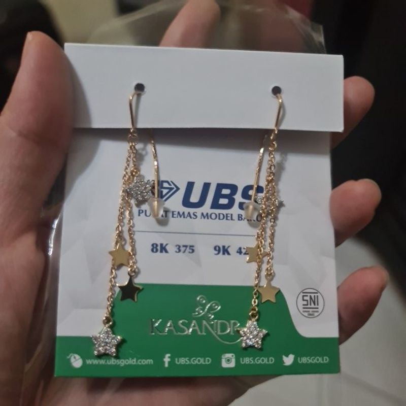 Anting panjang juntai 3 warna dan star bintang mata hitam putih UBS kadar 375 8K