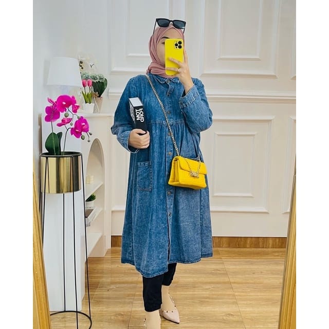 TUNIK JEANS LENGAN PANJANG // TUNIK MURAH // TUNIK WANITA // LONG TUNIK GAMIS NAURA DENIM JEANS