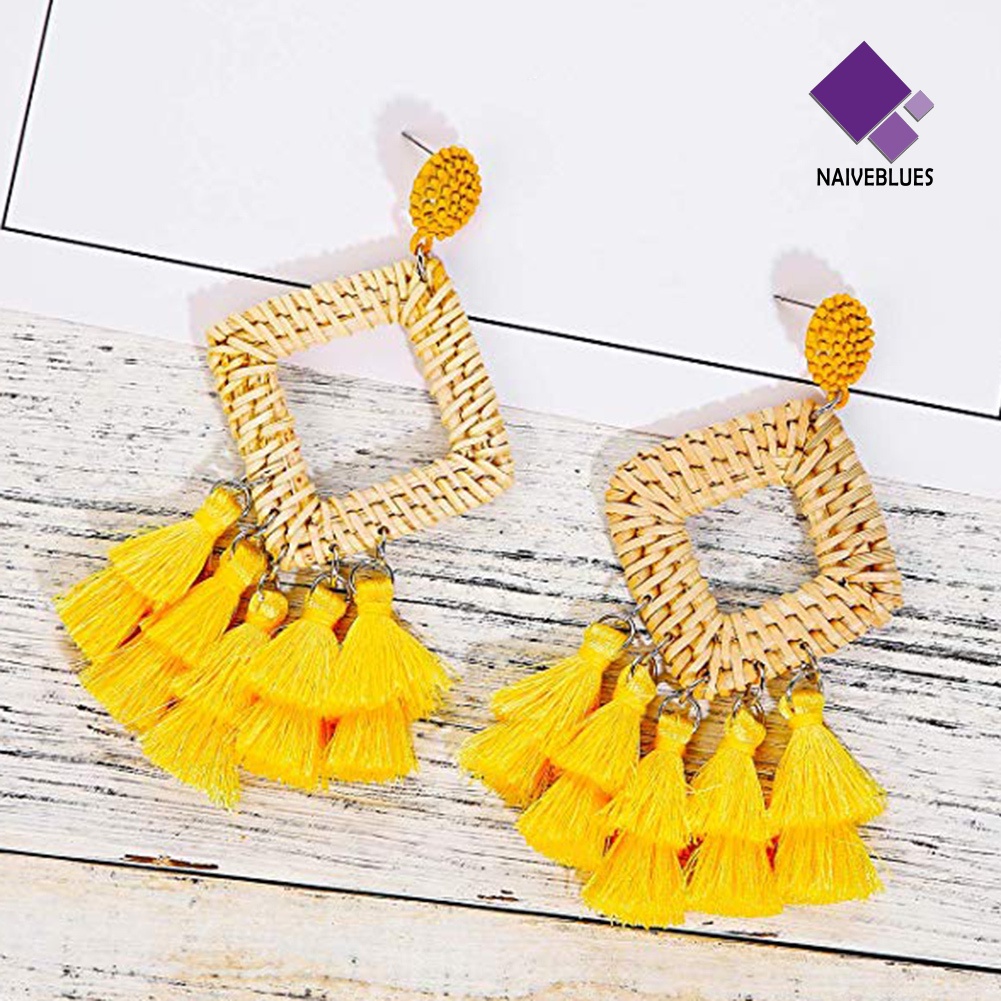 Anting Stud Juntai Bentuk Belah Ketupat Hollow Bahan Rotan Gaya Boho Untuk Wanita