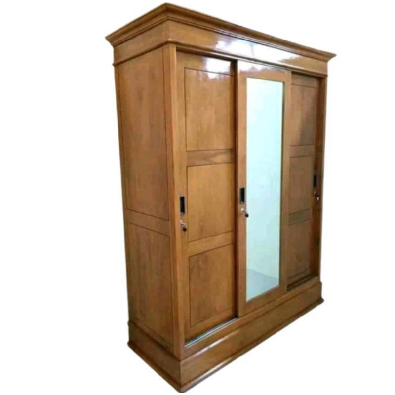 LEMARI PAKAIAN JATI 3 PINTU SLIDING GESER MINIMALIS / LEMARI BAJU PINTU 3 MODEL SLIDING GESER MODERN